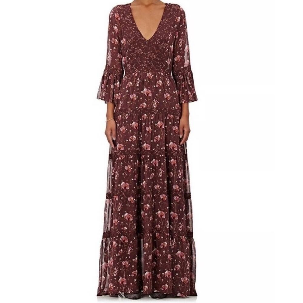 NWT - Ulla Johnson Aurora Silk Georgette Maxi Dress Burgundy Floral‎ size 10